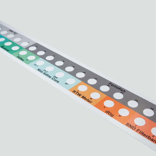 Closeup of a custom label to fit Black Lion Audio TRS patch bay